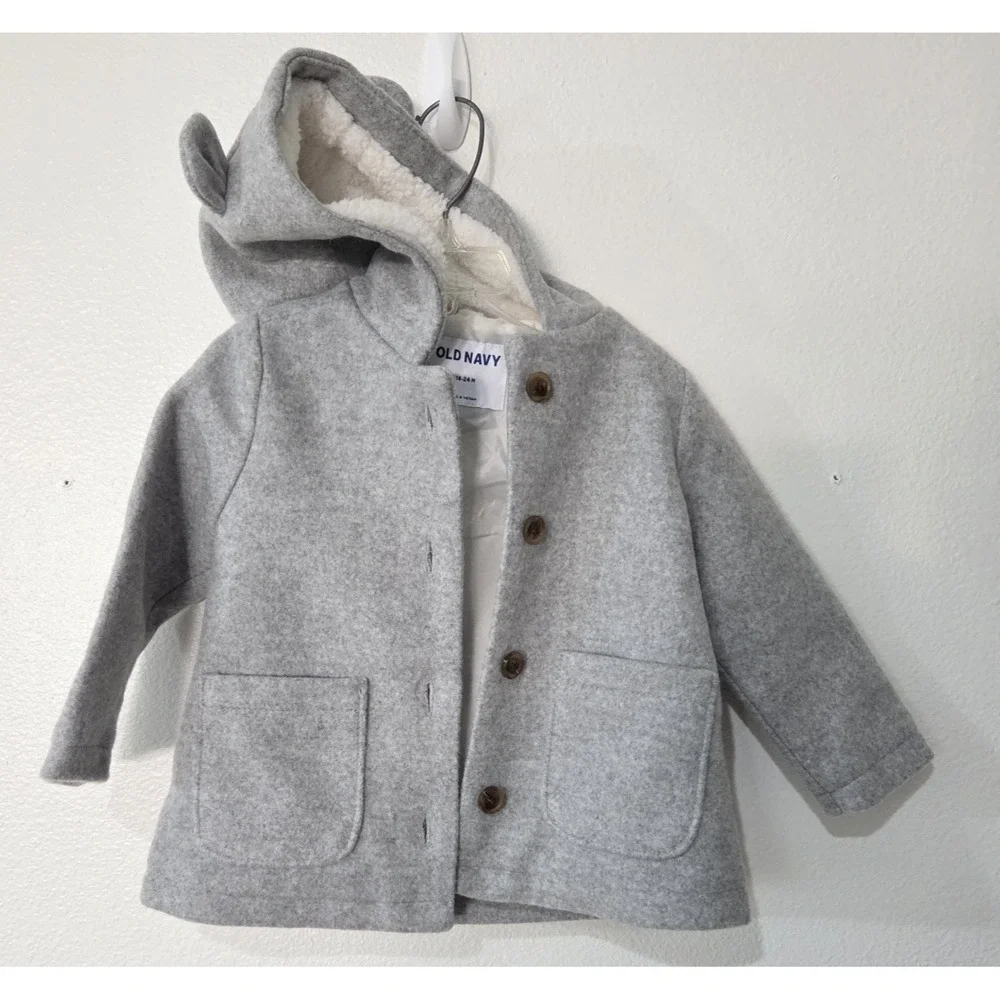 Old Navy Baby Girl‎ Coat 18-24 Month Grey Hooded Lined Wool Jacket NWT